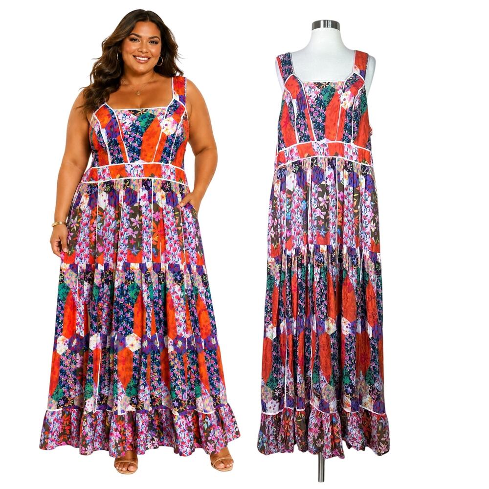 Anthropologie | Patchwork Print Floral Tiered Cutout Back Pockets Maxi Dress 16W